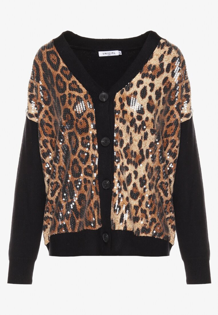 unigirl Cardigan negru-bej cu Viscoză cu Inserții leopard cu Paiete Transparente Attenia