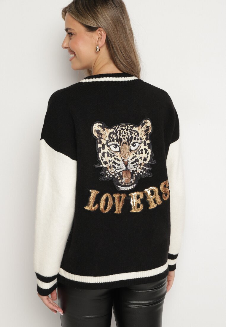unigirl Cardigan Negru-Bej în Stil Vintage cu Aplicații Strălucitoare Viameira