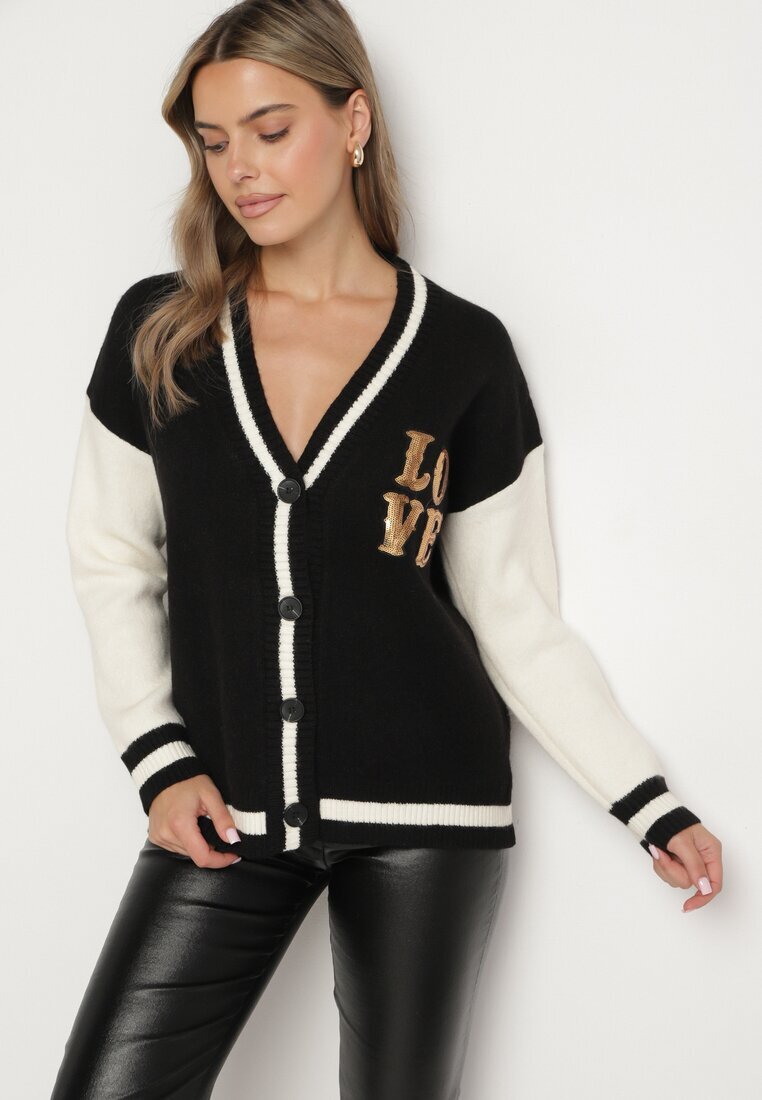 unigirl Cardigan Negru-Bej în Stil Vintage cu Aplicații Strălucitoare Viameira