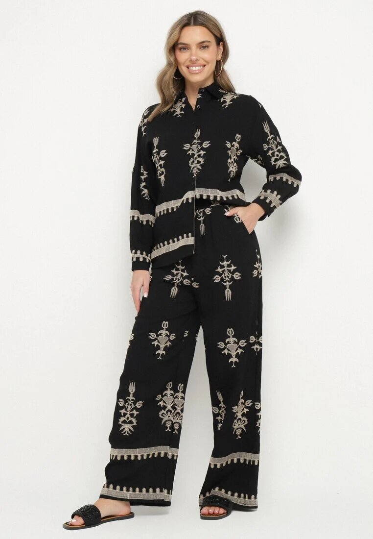 unigirl Compleu Negru din Viscoză în stil Boho Cămașă și Pantaloni Decorați cu Broderie Sarhiris