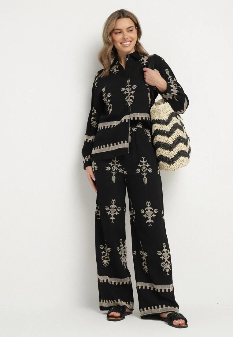 unigirl Compleu Negru din Viscoză în stil Boho Cămașă și Pantaloni Decorați cu Broderie Sarhiris
