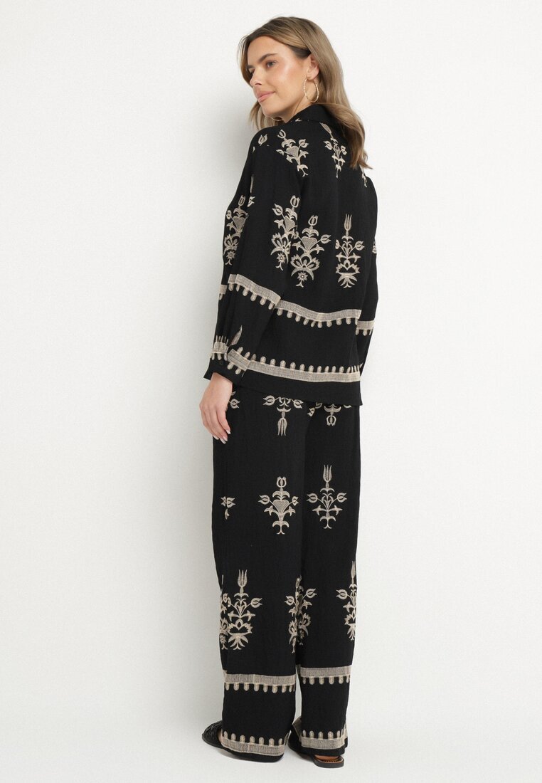 unigirl Compleu Negru din Viscoză în stil Boho Cămașă și Pantaloni Decorați cu Broderie Sarhiris