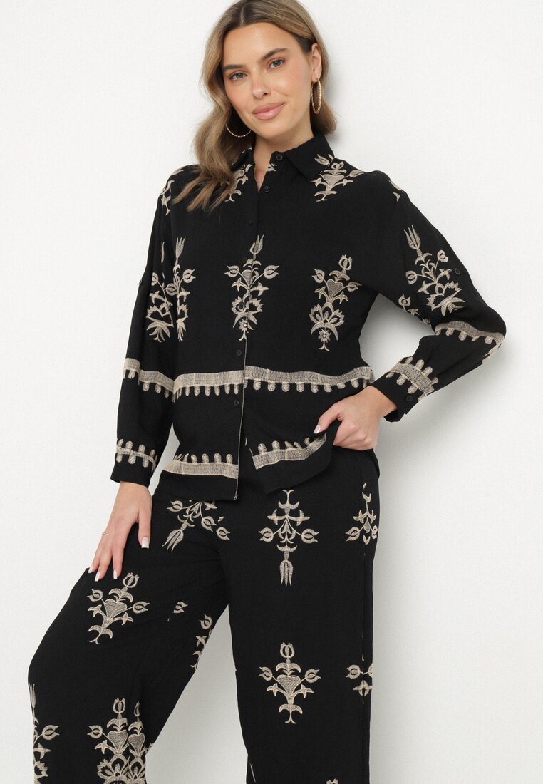 unigirl Compleu Negru din Viscoză în stil Boho Cămașă și Pantaloni Decorați cu Broderie Sarhiris