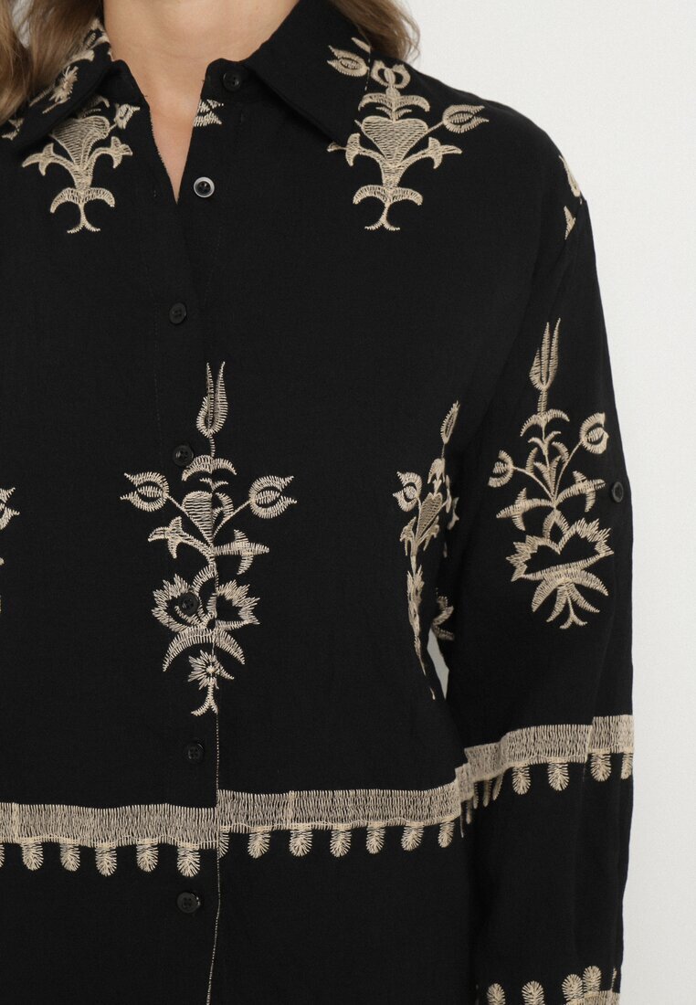 unigirl Compleu Negru din Viscoză în stil Boho Cămașă și Pantaloni Decorați cu Broderie Sarhiris