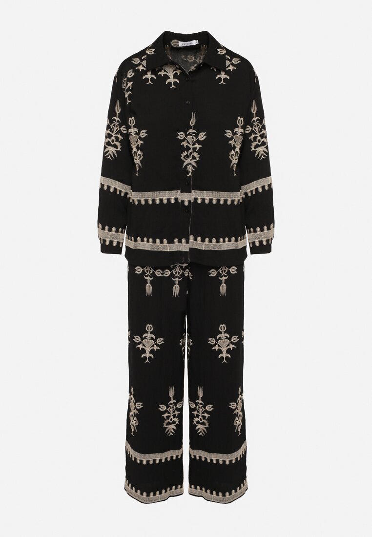 unigirl Compleu Negru din Viscoză în stil Boho Cămașă și Pantaloni Decorați cu Broderie Sarhiris