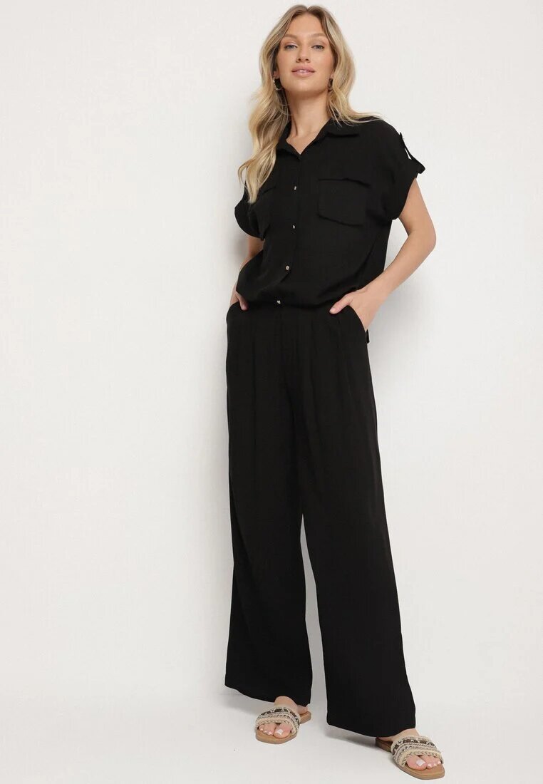 unigirl Compleu Negru Viscoză Cămașă cu Buzunare Decorative și Pantaloni Rinesella