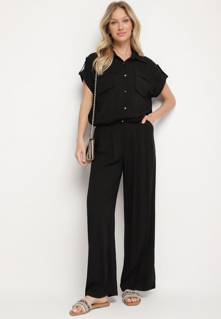 unigirl Compleu Negru Viscoză Cămașă cu Buzunare Decorative și Pantaloni Rinesella