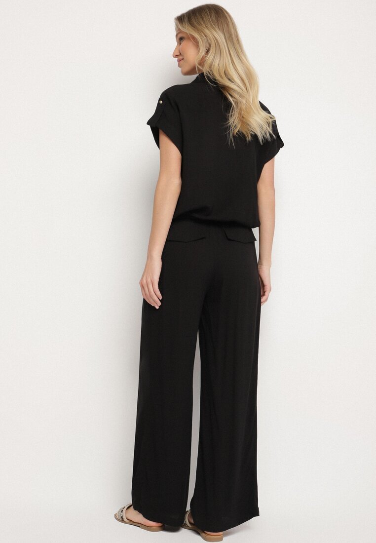 unigirl Compleu Negru Viscoză Cămașă cu Buzunare Decorative și Pantaloni Rinesella