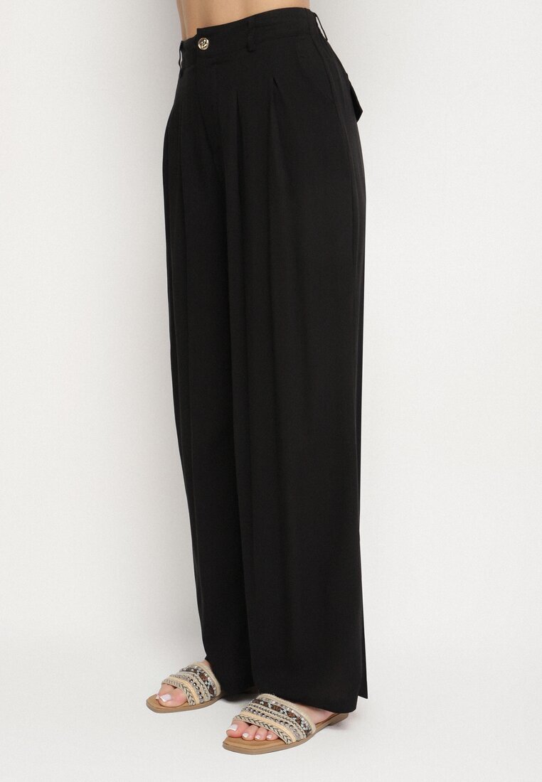 unigirl Compleu Negru Viscoză Cămașă cu Buzunare Decorative și Pantaloni Rinesella