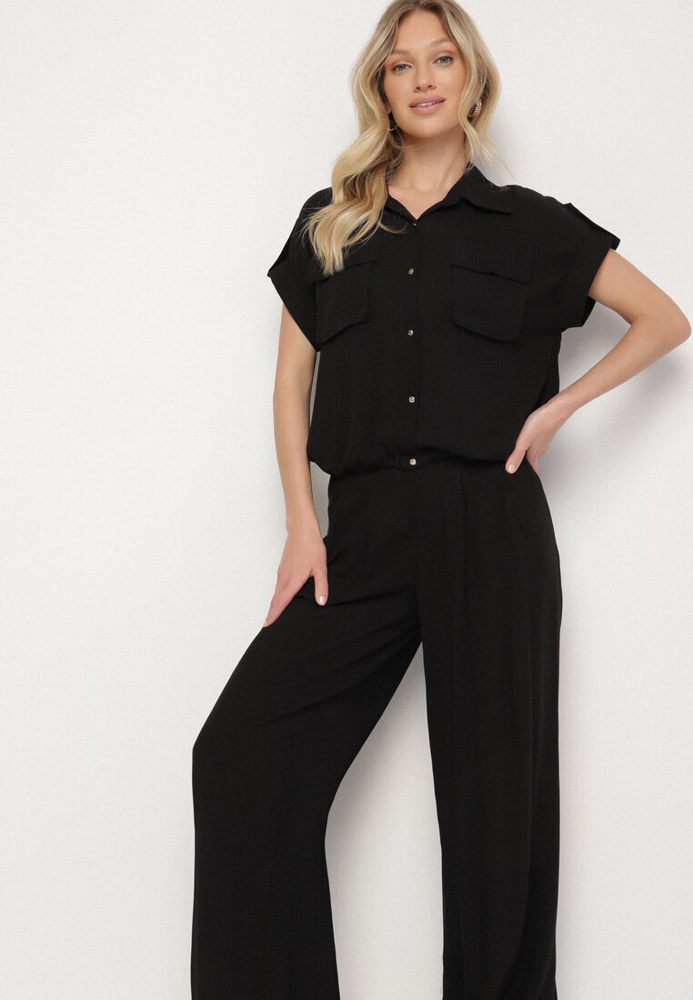 unigirl Compleu Negru Viscoză Cămașă cu Buzunare Decorative și Pantaloni Rinesella