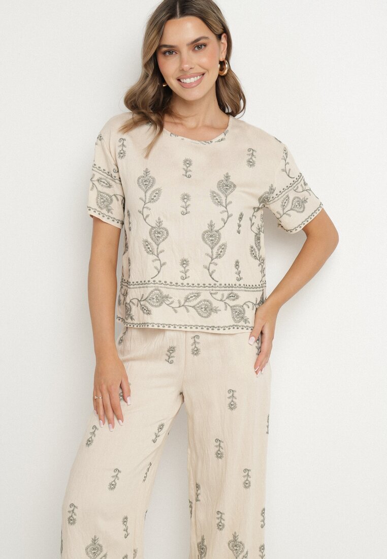 unigirl Compleu tricou și pantaloni largi bej din viscoză decorat cu broderie Tezonea