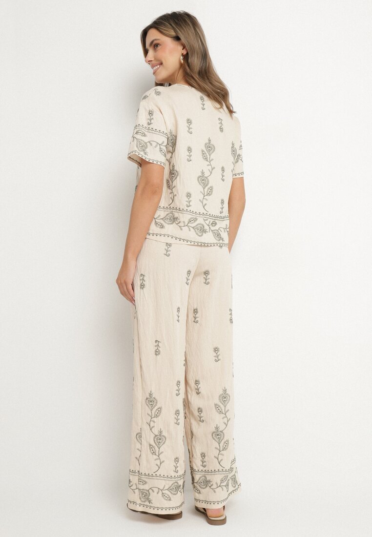 unigirl Compleu tricou și pantaloni largi bej din viscoză decorat cu broderie Tezonea