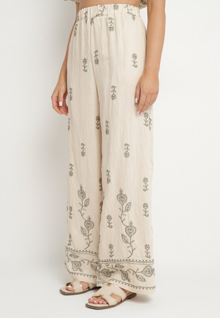 unigirl Compleu tricou și pantaloni largi bej din viscoză decorat cu broderie Tezonea