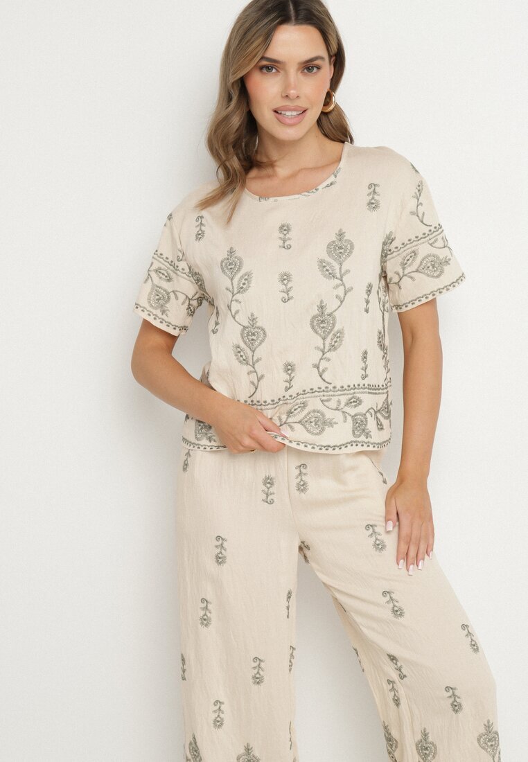 unigirl Compleu tricou și pantaloni largi bej din viscoză decorat cu broderie Tezonea