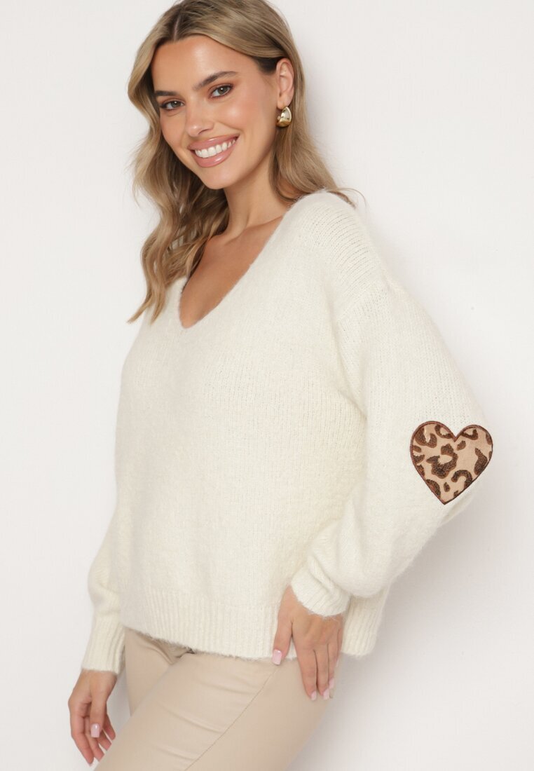 unigirl Pulover bej deschis cu lână și aplicații decorative pe coate Norethra