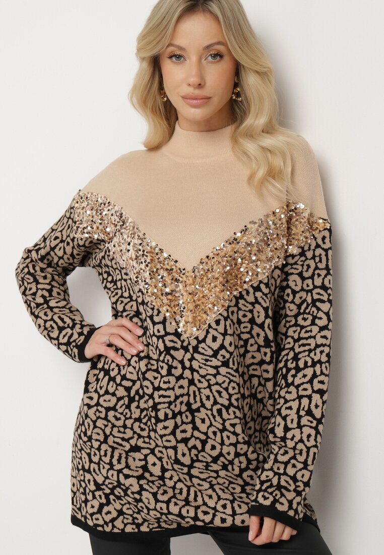 unigirl Pulover Bej leopard decorat cu paiete pufos