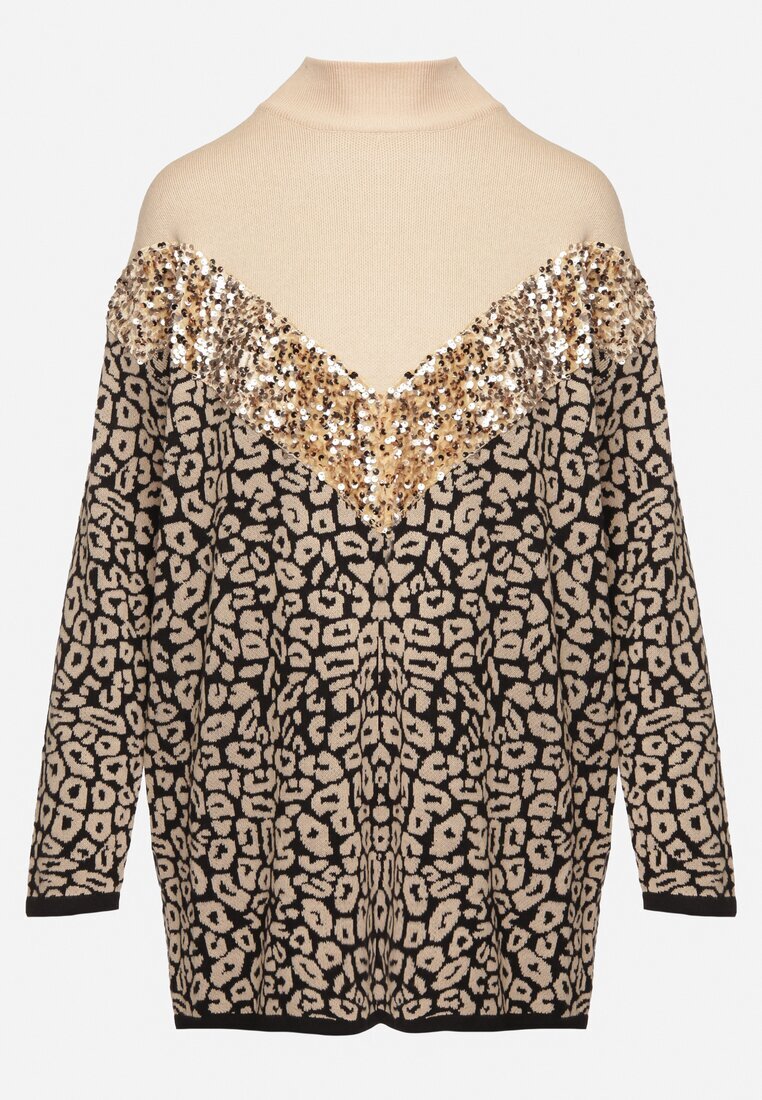 unigirl Pulover Bej leopard decorat cu paiete pufos