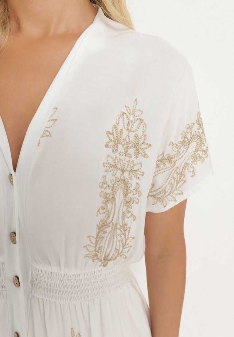 unigirl Rochie Albă Brodată Cambrată cu Bumbac Decorată cu Fir Argintiu și Elastice Ellofia