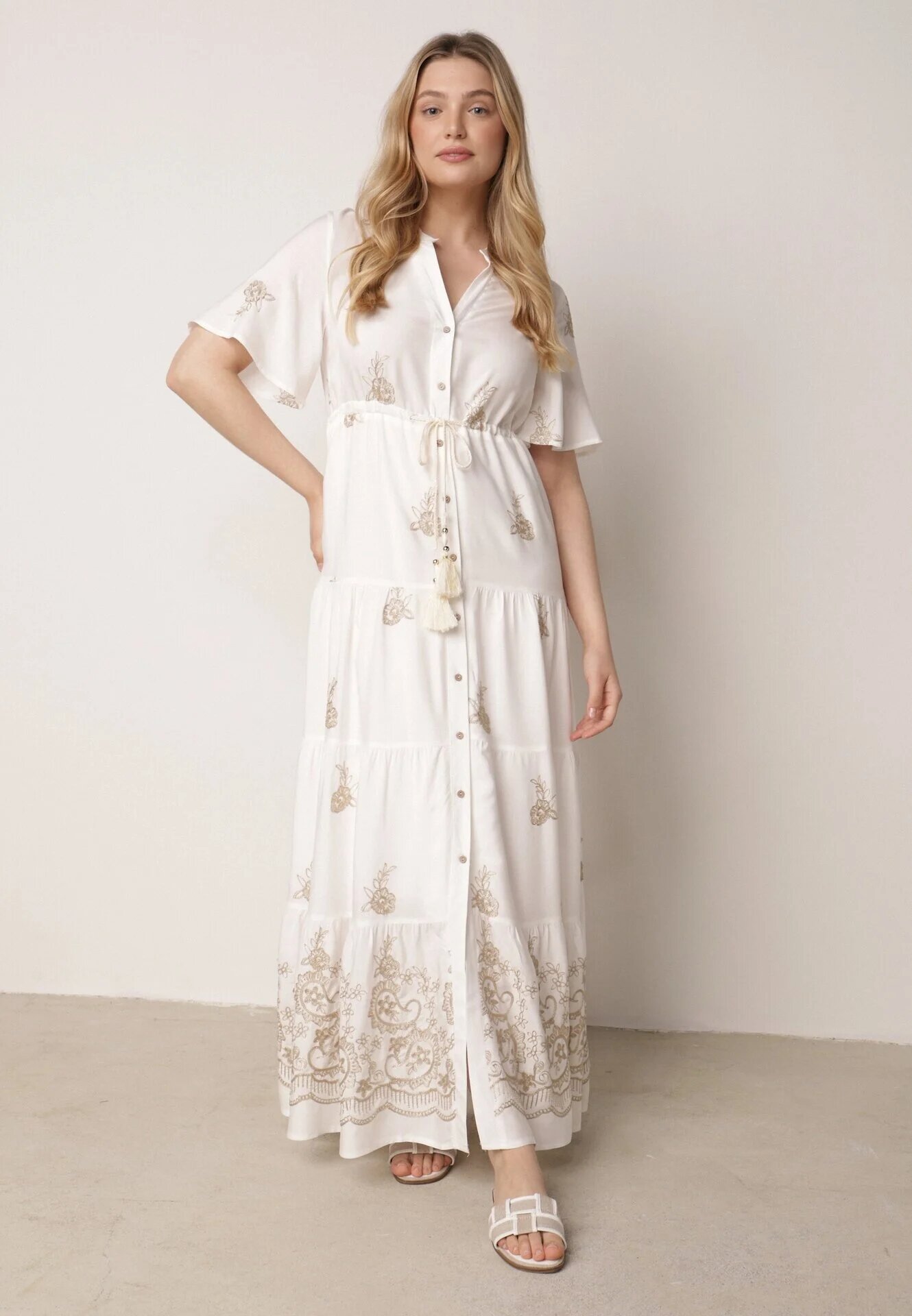 unigirl Rochie Albă Din Viscoză Boho cu Croială Evazată cu Broderie și Legătură Lilvanis