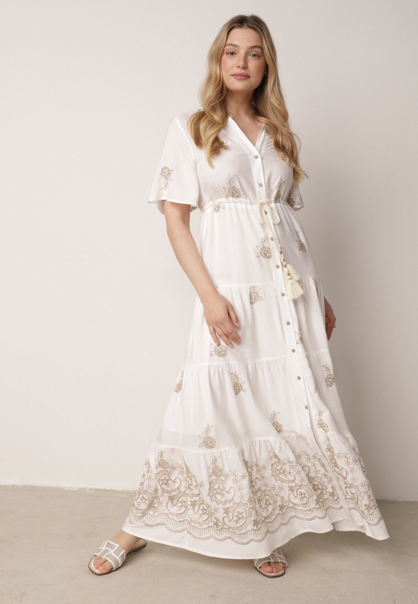 unigirl Rochie Albă Din Viscoză Boho cu Croială Evazată cu Broderie și Legătură Lilvanis