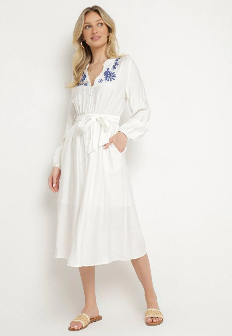 unigirl Rochie Albă din Viscoză cu croială Cloche cu Legătură și Broderie Velvania
