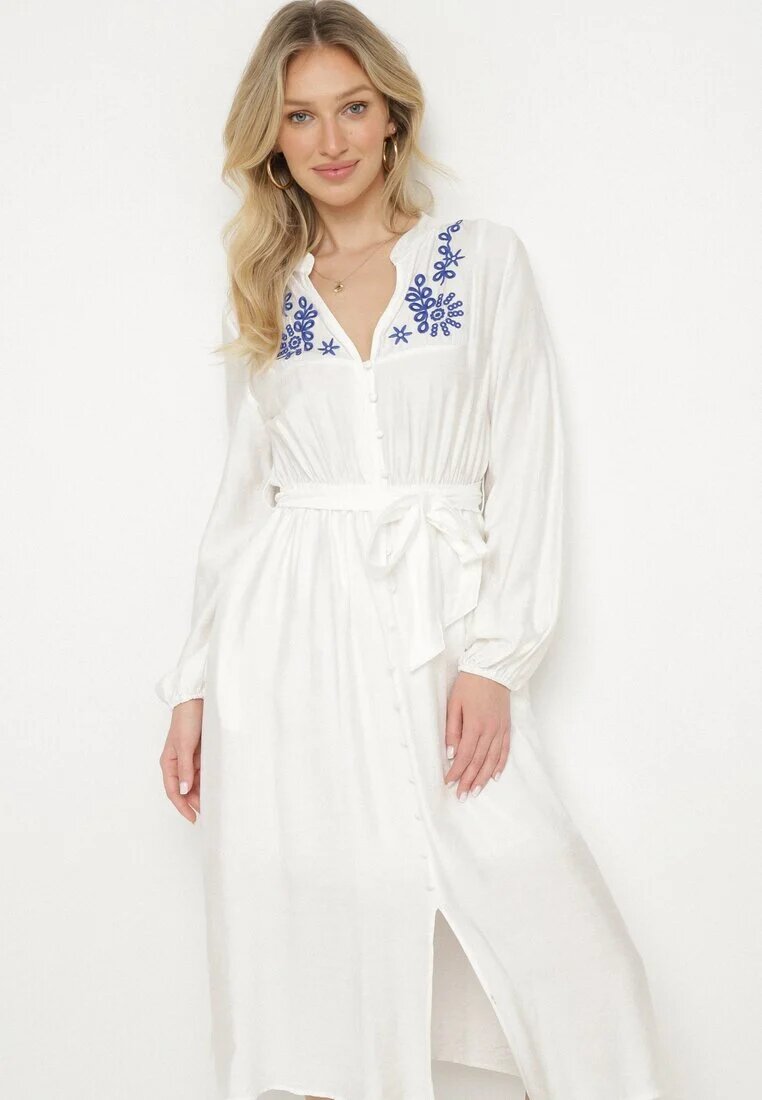 unigirl Rochie Albă din Viscoză cu croială Cloche cu Legătură și Broderie Velvania