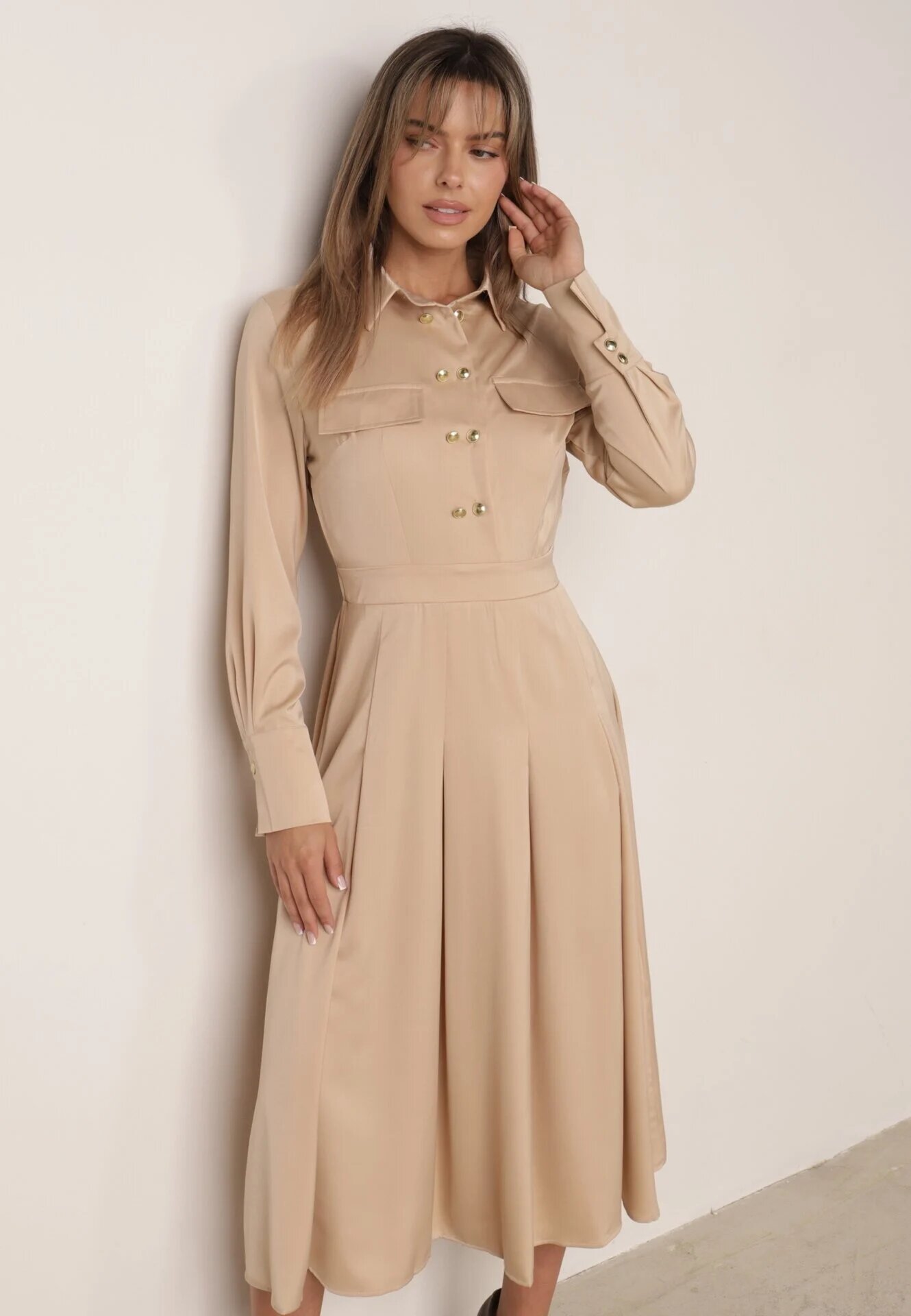 unigirl Rochie Bej Evazată cu croi tip cămașă cu imitație de buzunare și elastic în talie Rizza