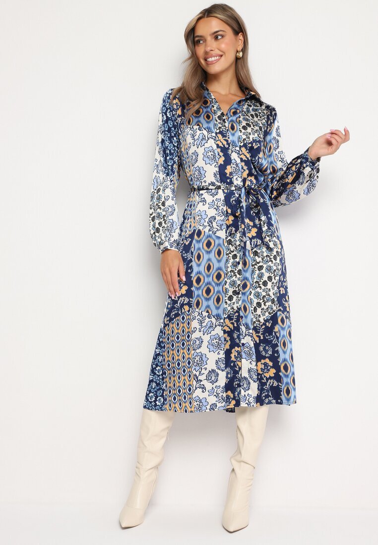 unigirl Rochie Cămașă Albastru-Bleumarin cu Model Ornamental cu Curea din Material Drusial