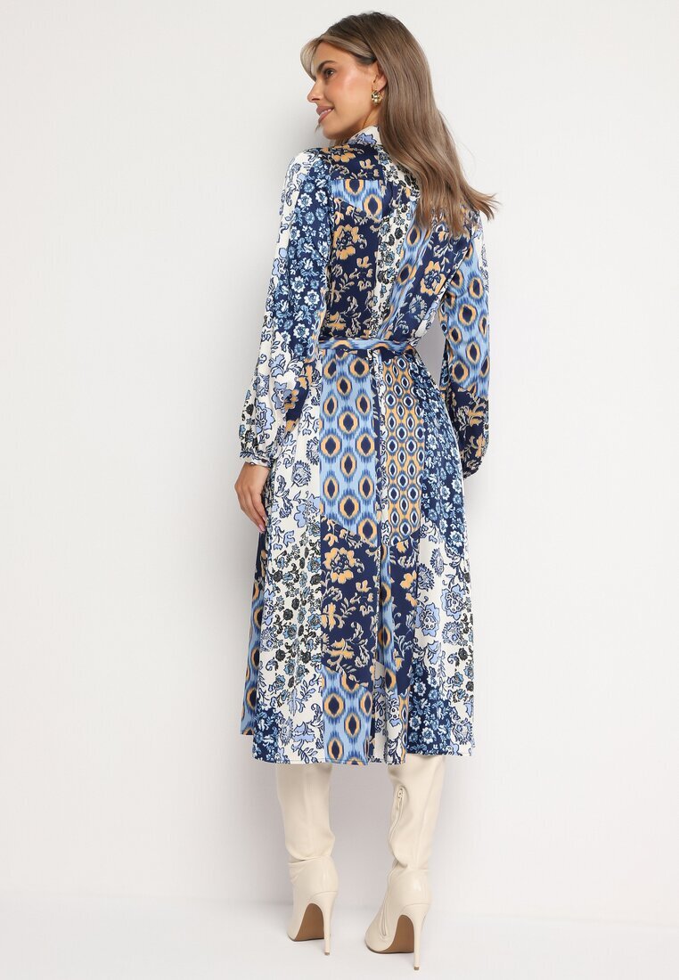 unigirl Rochie Cămașă Albastru-Bleumarin cu Model Ornamental cu Curea din Material Drusial