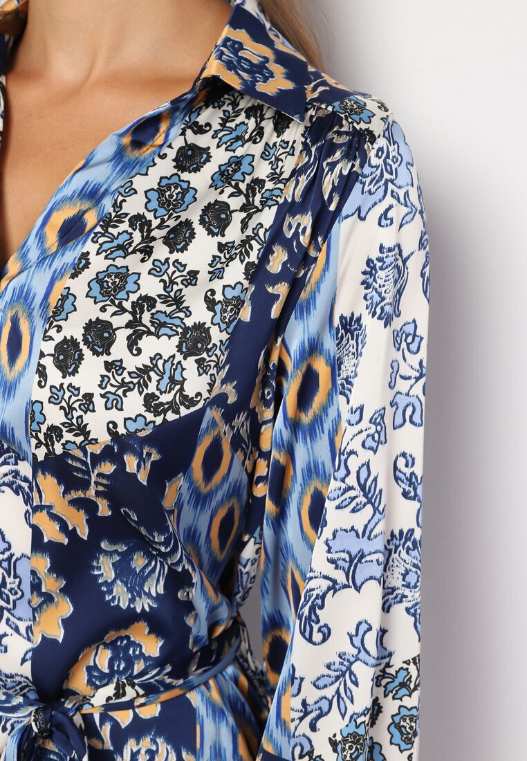 unigirl Rochie Cămașă Albastru-Bleumarin cu Model Ornamental cu Curea din Material Drusial