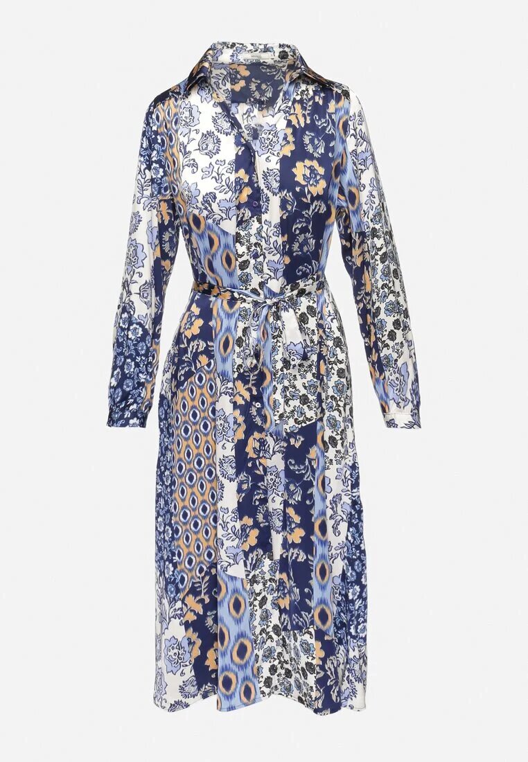 unigirl Rochie Cămașă Albastru-Bleumarin cu Model Ornamental cu Curea din Material Drusial