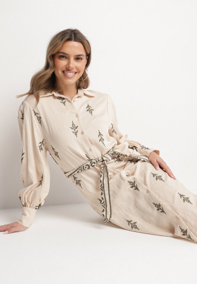 unigirl Rochie-cămașă Bej din viscoză cu cordon Telandora