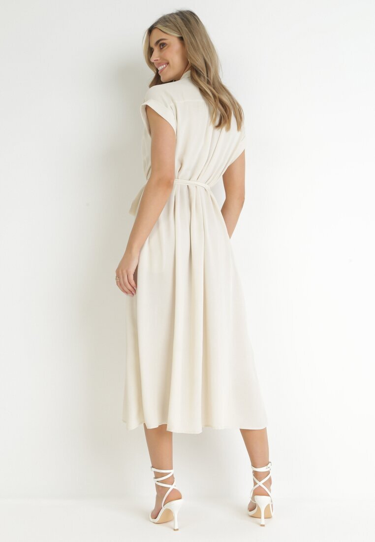 unigirl Rochie Cămașă Bej Legată în Talie Cu Mâneci Scurte Clairana