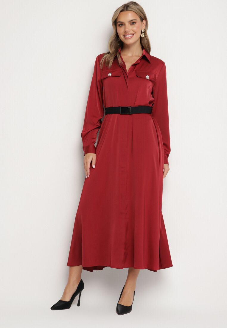 unigirl Rochie cămașă bordo din satin decorată cu o curea și imitații de buzunare Vamilea