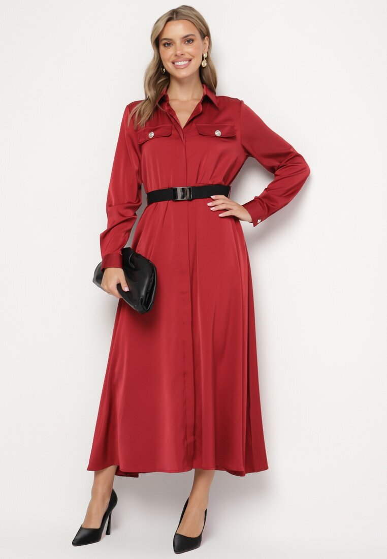 unigirl Rochie cămașă bordo din satin decorată cu o curea și imitații de buzunare Vamilea