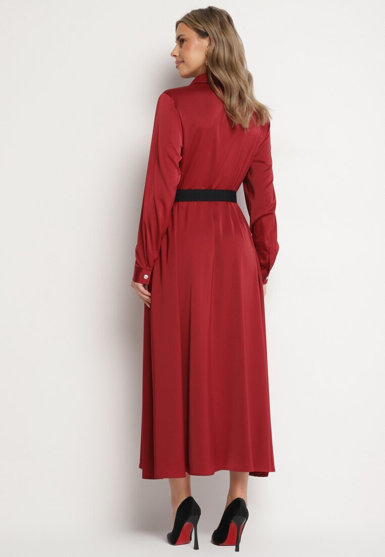 unigirl Rochie cămașă bordo din satin decorată cu o curea și imitații de buzunare Vamilea