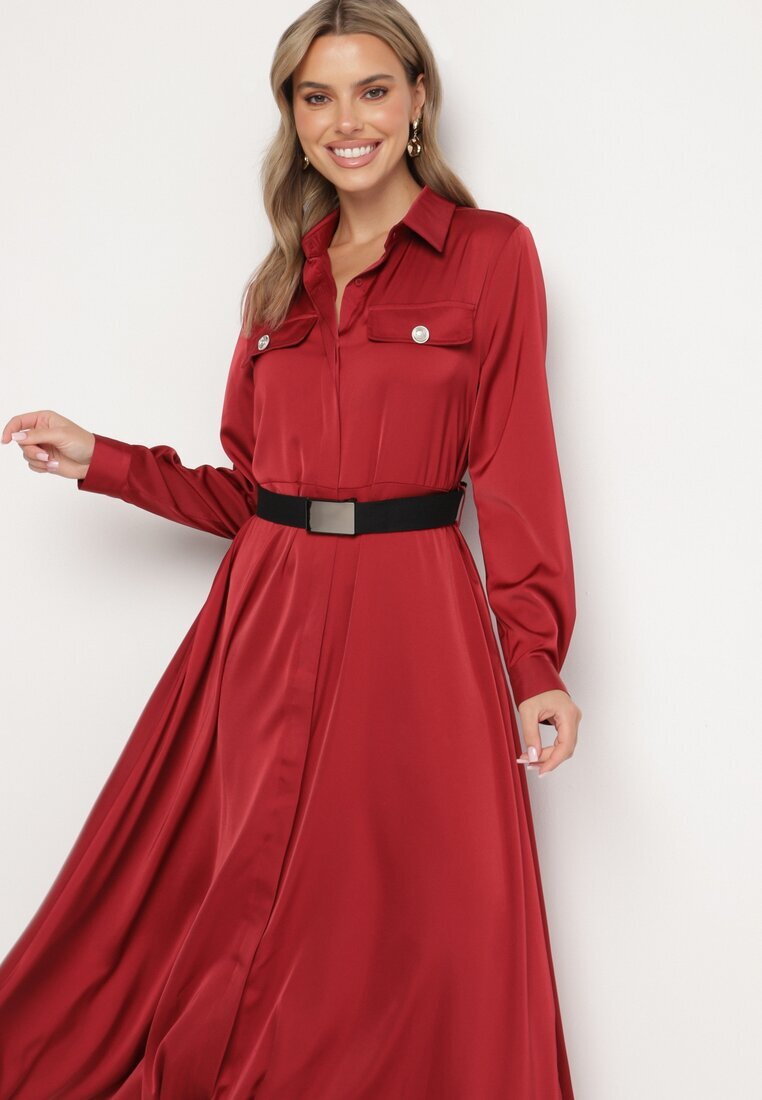 unigirl Rochie cămașă bordo din satin decorată cu o curea și imitații de buzunare Vamilea