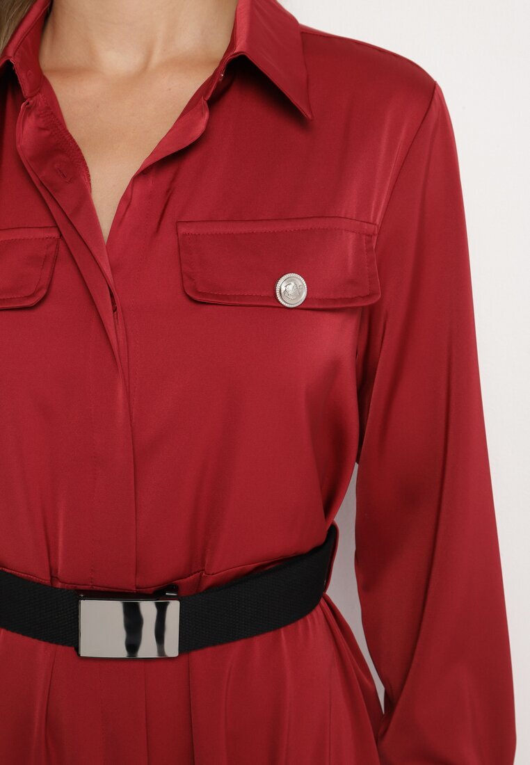 unigirl Rochie cămașă bordo din satin decorată cu o curea și imitații de buzunare Vamilea