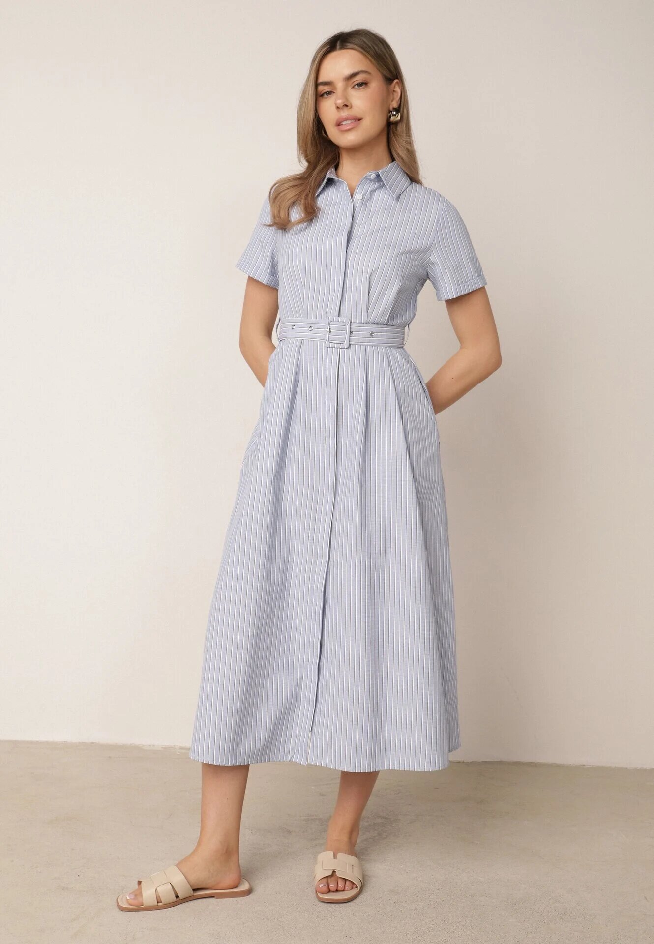unigirl Rochie-cămașă din bumbac decorată cu dungi din material textil și cataramă Kassila Albastru deschis
