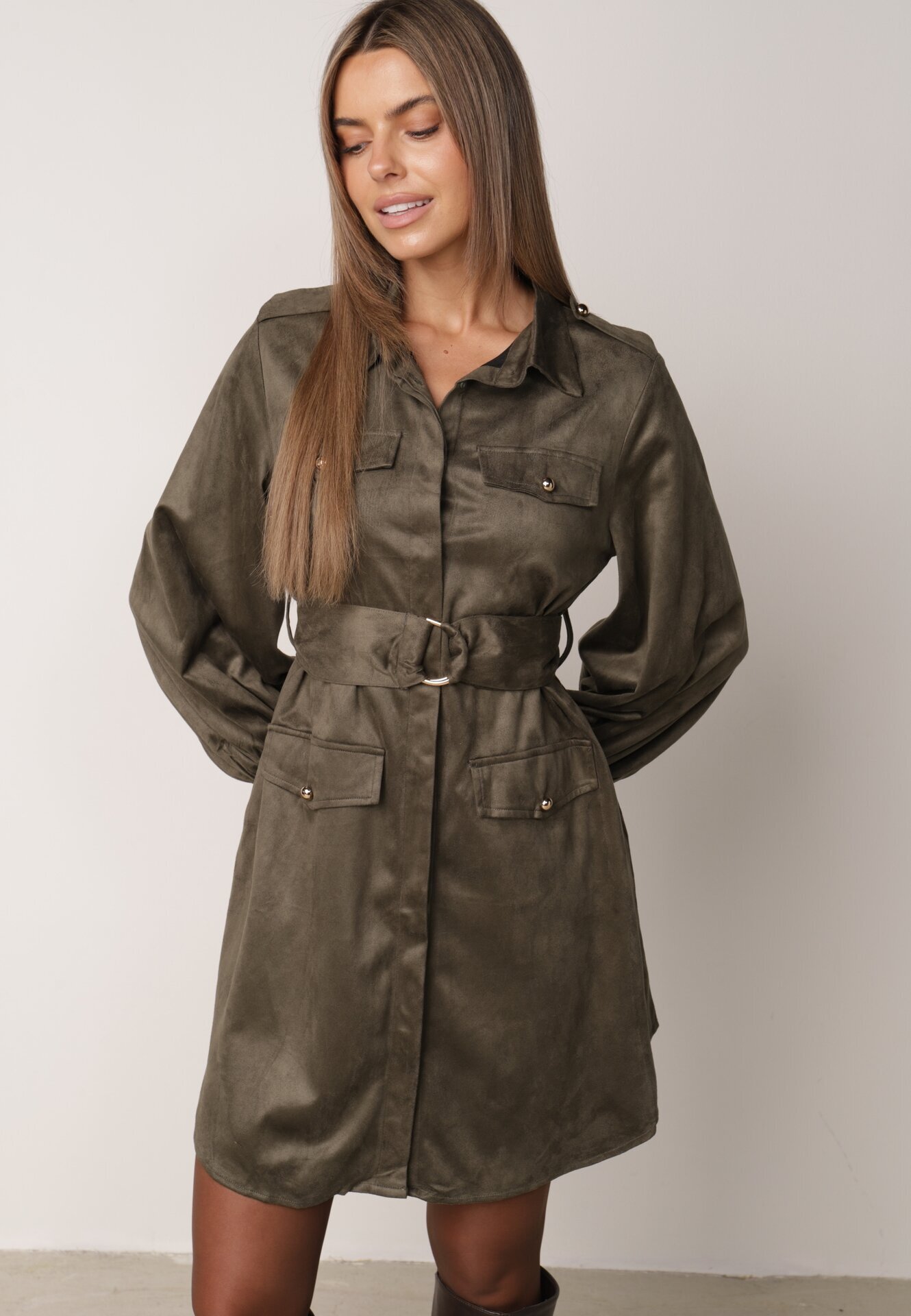 unigirl Rochie-cămașă în stil utility cu textură de piele întoarsă Nirette Verde închis