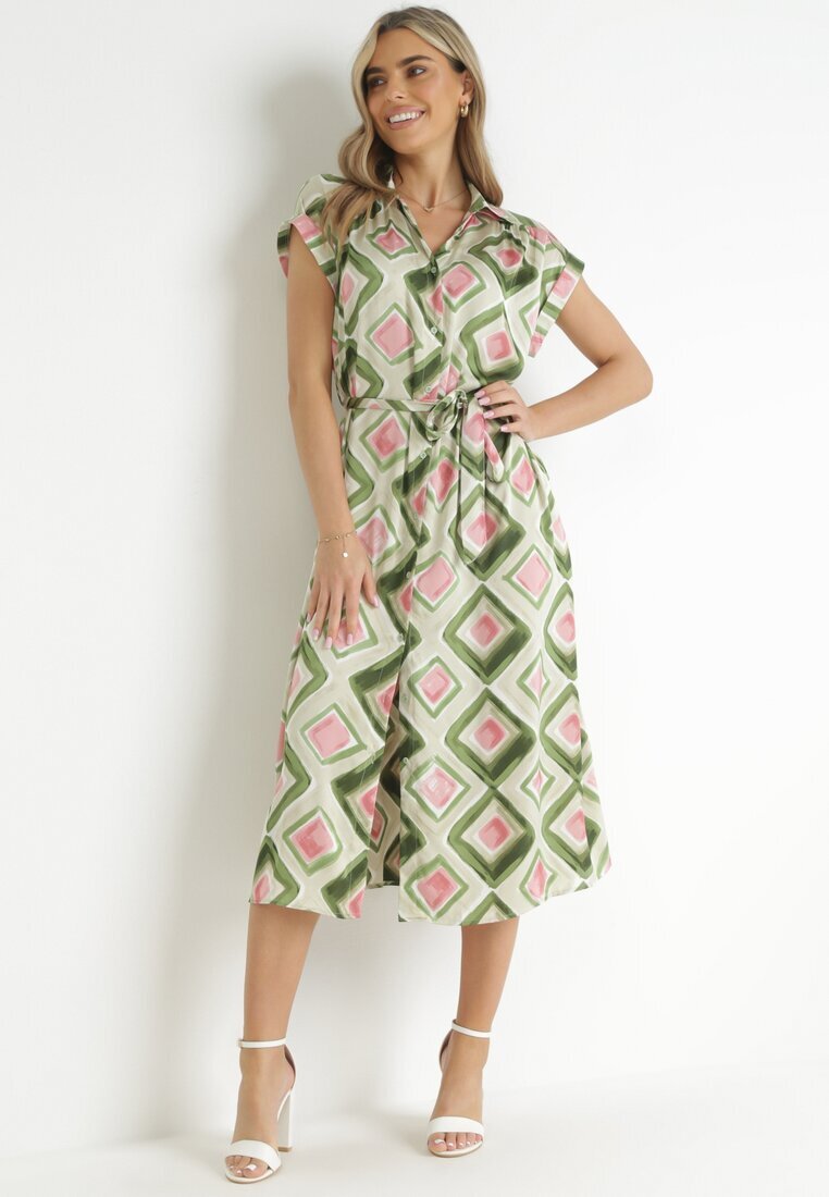 unigirl Rochie cămașă Midi Verde cu model geometric și curea din material Eugenania