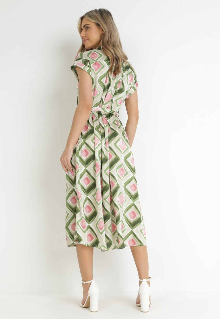 unigirl Rochie cămașă Midi Verde cu model geometric și curea din material Eugenania