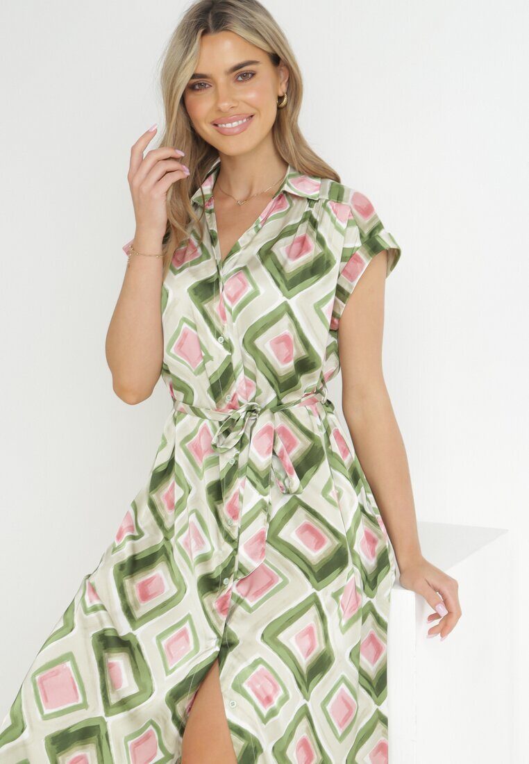 unigirl Rochie cămașă Midi Verde cu model geometric și curea din material Eugenania