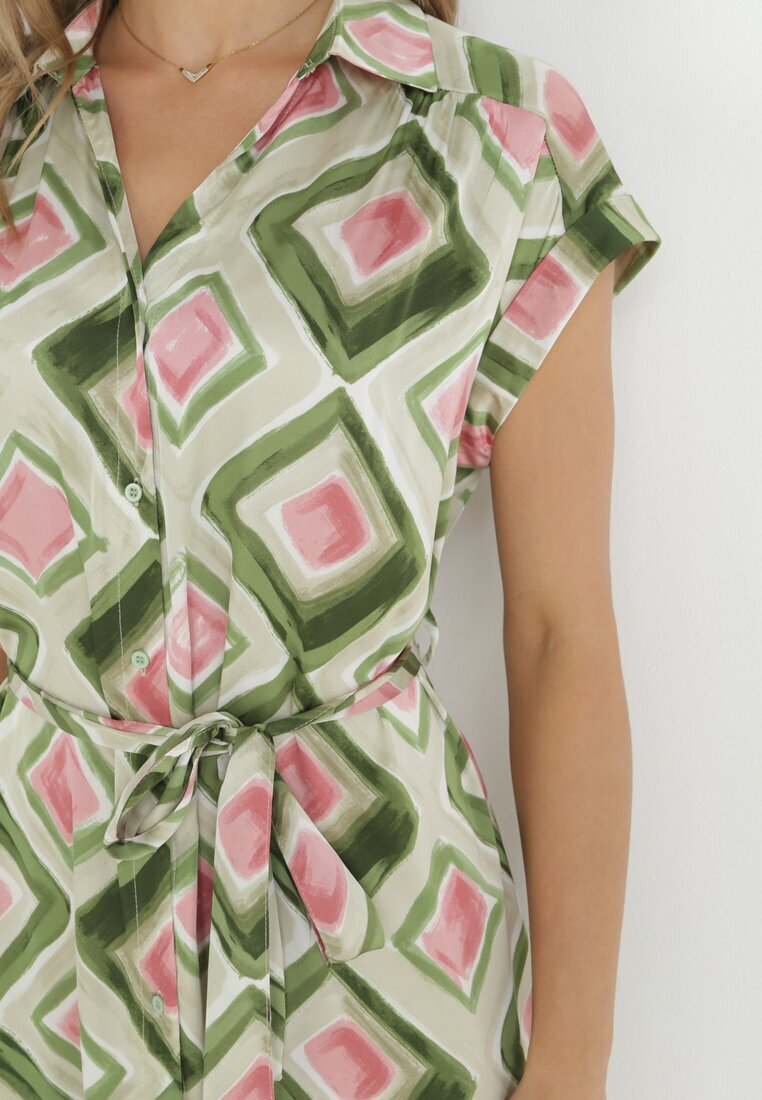 unigirl Rochie cămașă Midi Verde cu model geometric și curea din material Eugenania