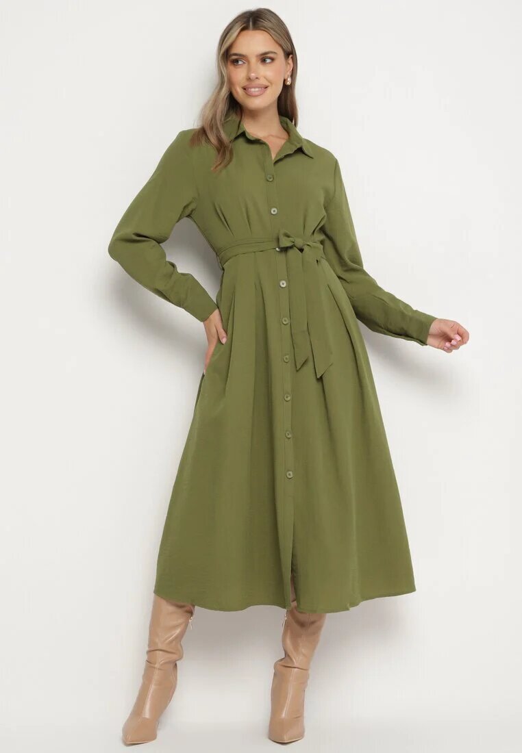 unigirl Rochie Cămașă Verde cu Croială Cloș cu Cordon din Material Nerisela
