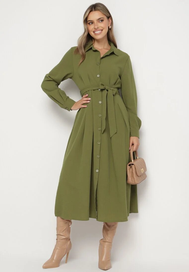 unigirl Rochie Cămașă Verde cu Croială Cloș cu Cordon din Material Nerisela