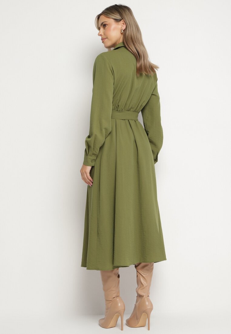 unigirl Rochie Cămașă Verde cu Croială Cloș cu Cordon din Material Nerisela