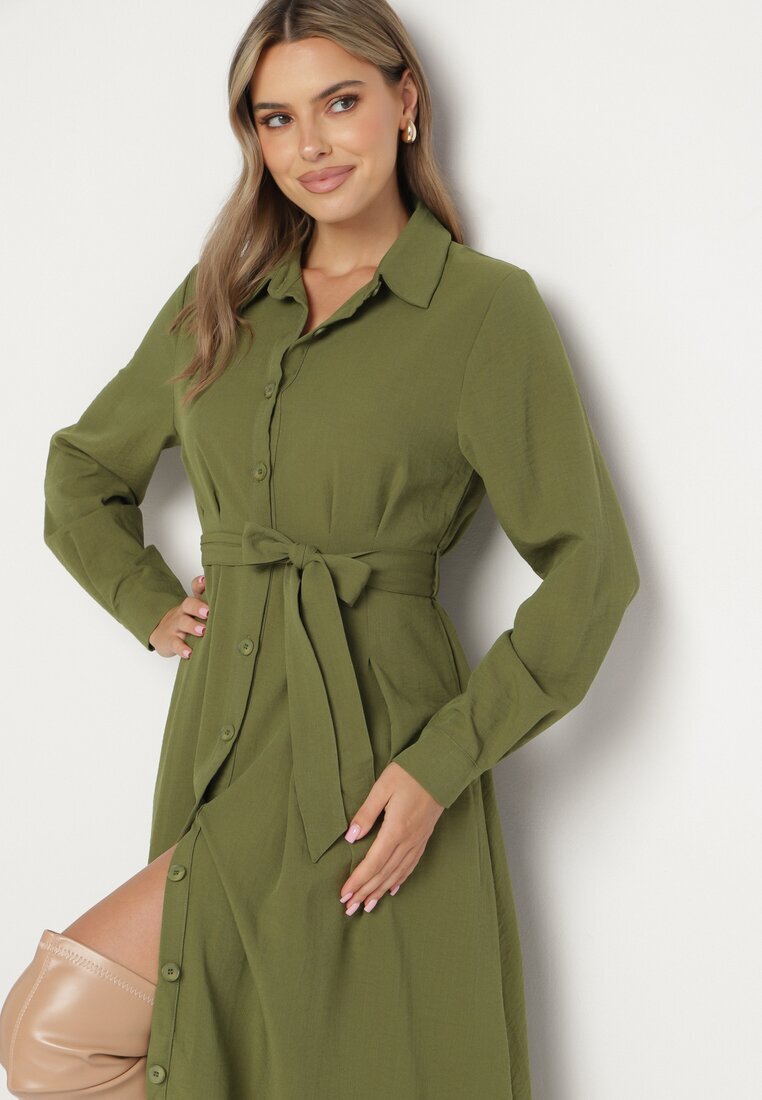 unigirl Rochie Cămașă Verde cu Croială Cloș cu Cordon din Material Nerisela