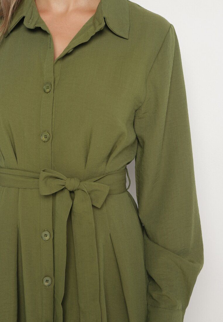 unigirl Rochie Cămașă Verde cu Croială Cloș cu Cordon din Material Nerisela