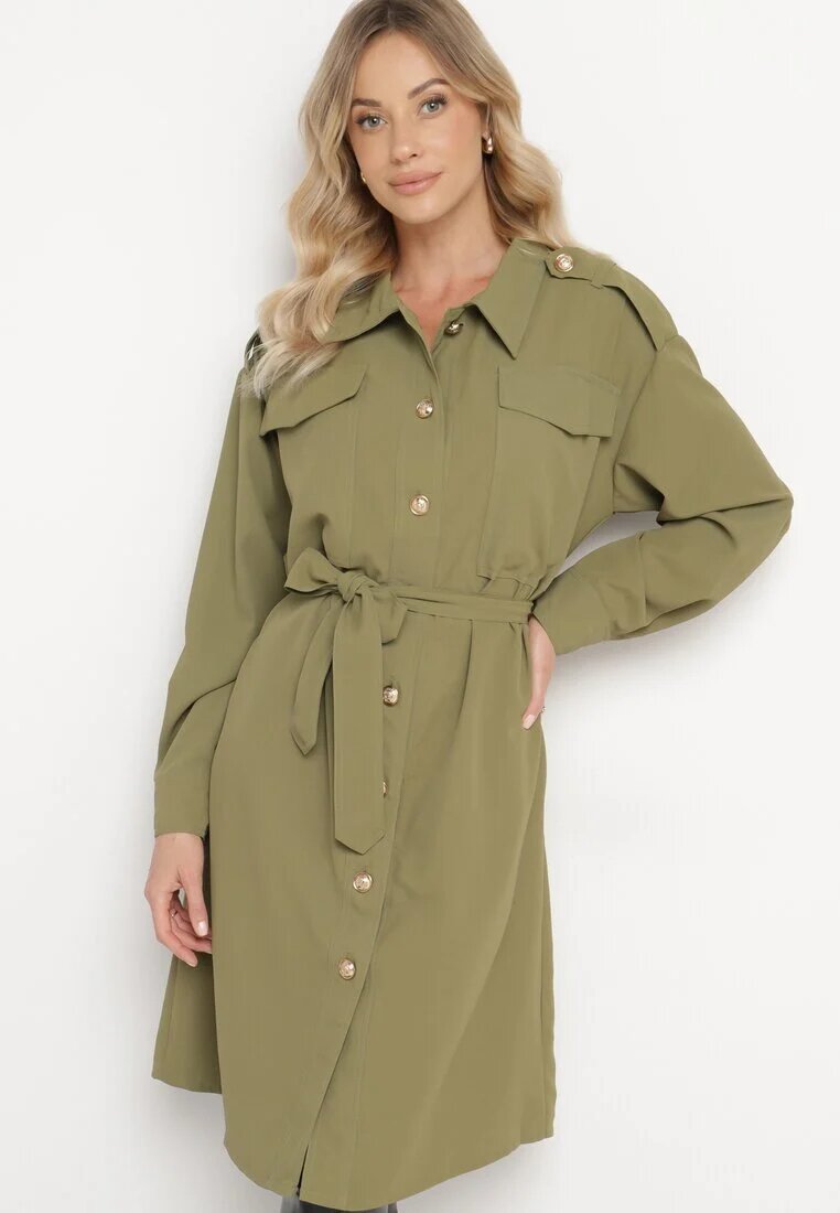unigirl Rochie cămașă verde cu nasturi decorativi și curea legată Alttia